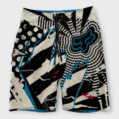 Fox Racing Board Shorts Mens 33 Black Logo Motocross Bike Swim Trunks Flaw