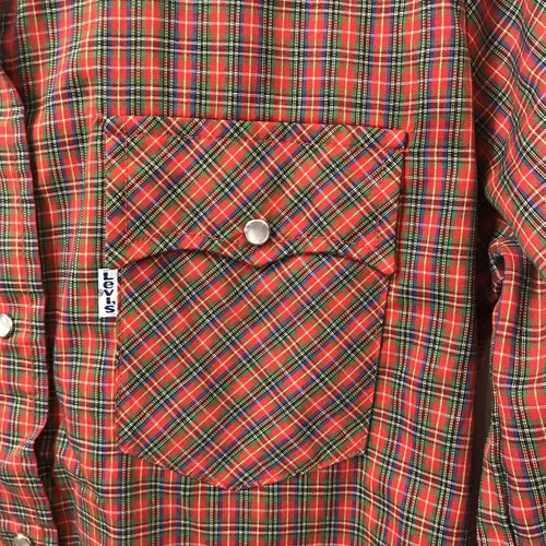 Vintage 70's Ski Levi's Kids Western Pearl Snap Shirt Size 11/12 Red Green