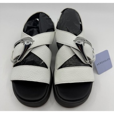 Aerosoles Fez White Pebbled Leather Platform Buckle Slingback Sandals Womens 6M