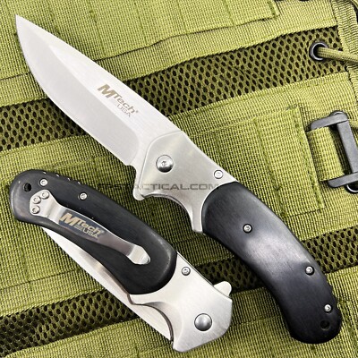 MTech USA Spring Assisted Pocket Knife Silver with Black Wood Scales 3.75''