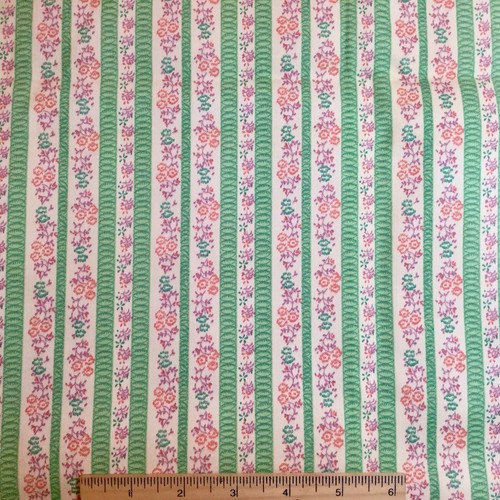 Vtg Floral COTTON TICKING FABRIC Green Pink Blue Lavender Stripe 2 Yds 32