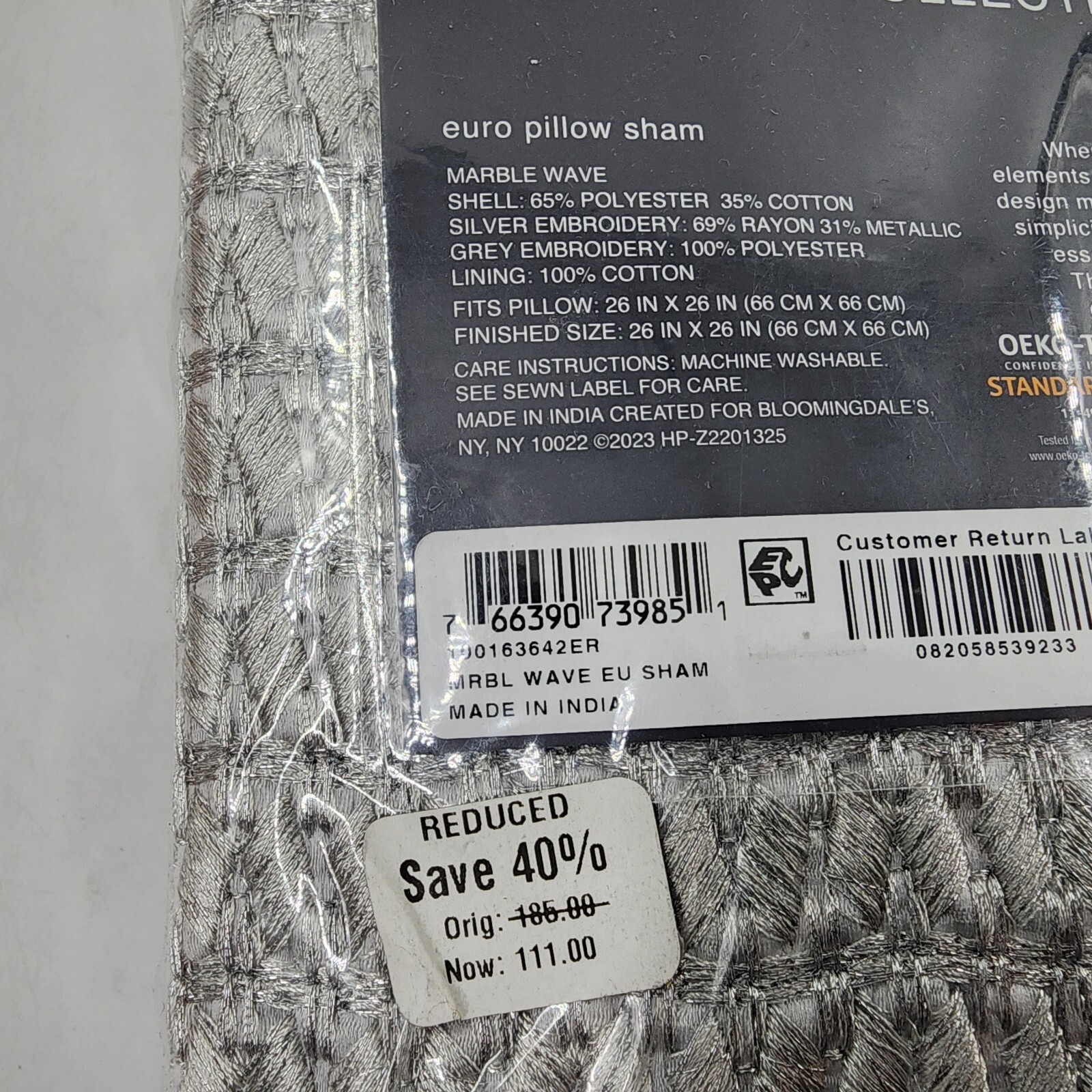 Hudson Park Collection Marble Wave Euro Pillow Sham 26 x 26in Silver Zip Closure - Picture 11 of 15