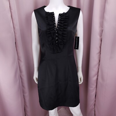 Connected Petite Women's Black Satin Rhinestone Ruffled Pencil Dress 10P NWT