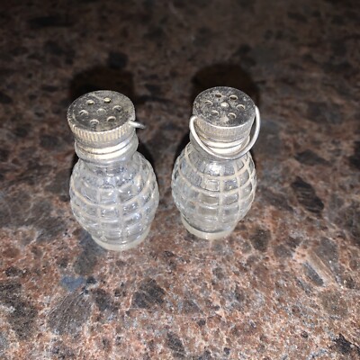 Mini Clear Glass Hand Grenade Lantern Shaped Hanging Salt & Pepper Shakers VTG
