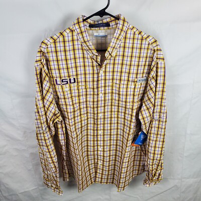 Columbia Shirt Mens L Multi PFG Super Tamiami LSU Tigers Vented Plaid Button New