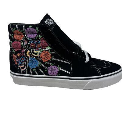 Vans Sk8 Hi Dia De Los Muertos Men's 9.5 Black Skulls Flowers Glow in the Dark