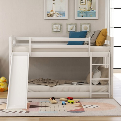 Twin over Twin Low Bunk Bed with Slide and Ladder for Kids Adults Dorm Bedroom