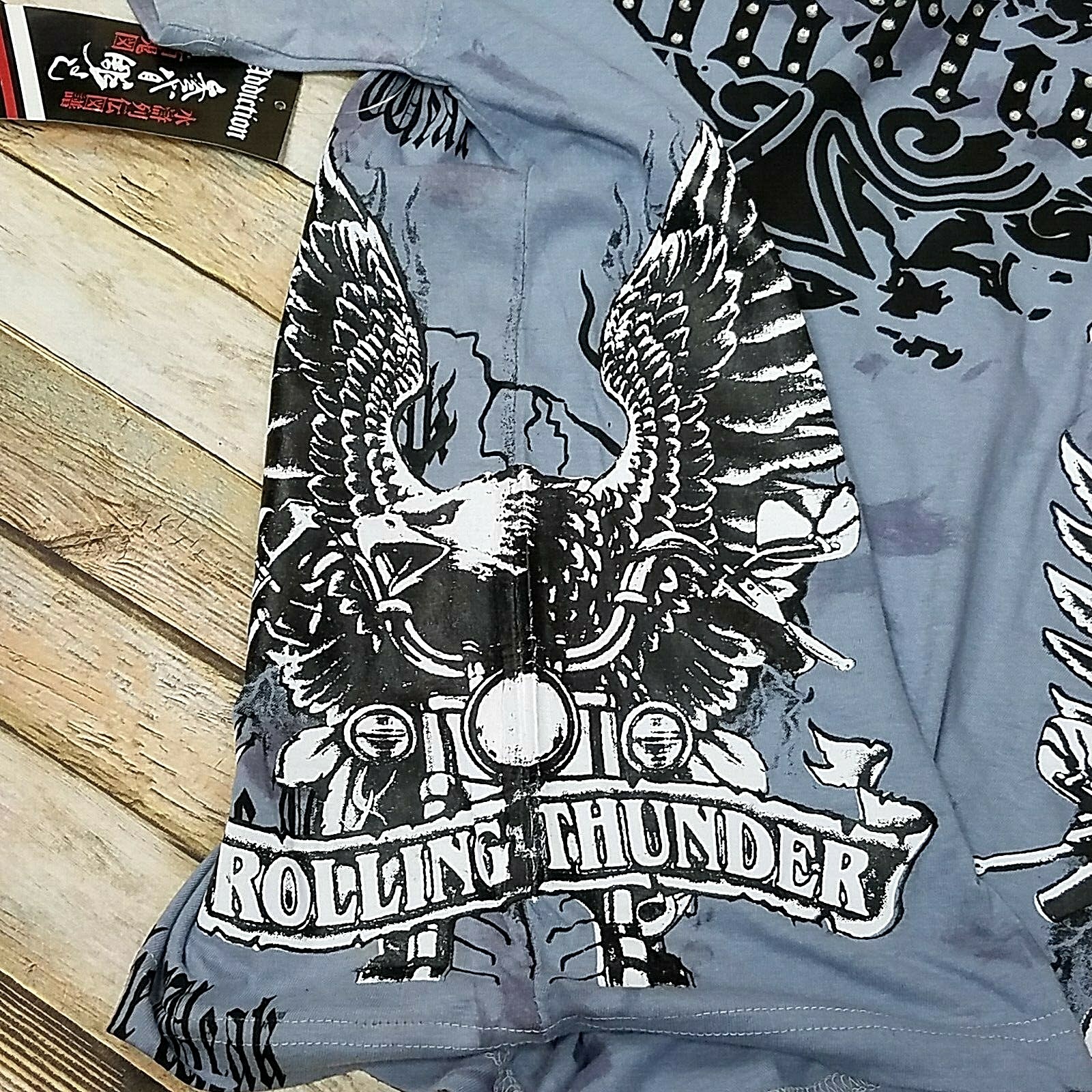 ADDICTION Biker T Shirt Embellished Gray Rolling Thunder Motorcycle