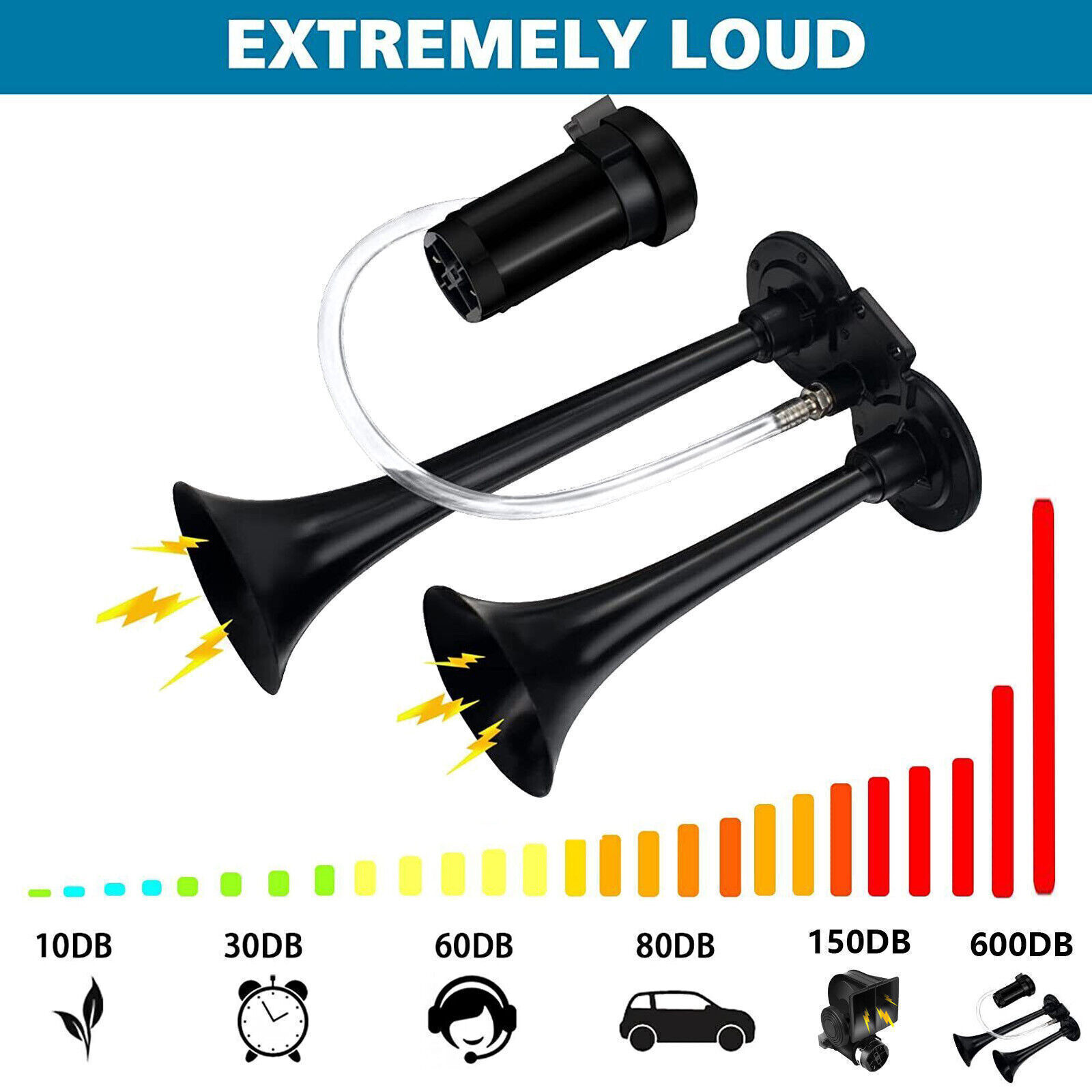 Super Loud Train Electric Air Horn 600DB Dual Trumpets Car Truck Boat Speaker US