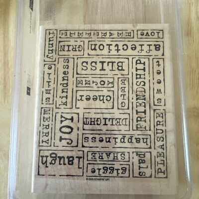 Stampin Up Retired Wood Mounted WORD BY WORD Joy Bliss Delight Background Stamp