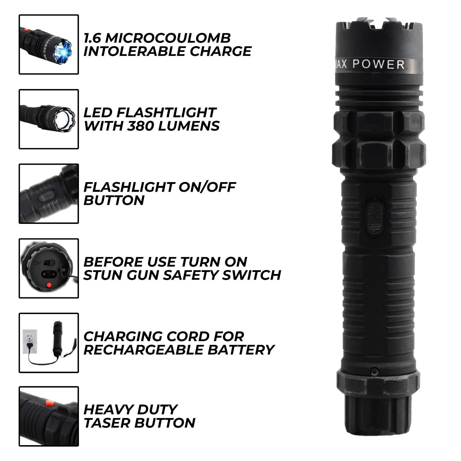 FIGHTSENSE HEAVY DUTY STUN GUN WITH LED FLASHLIGHT FOR WOMEN SELF DEFENSE