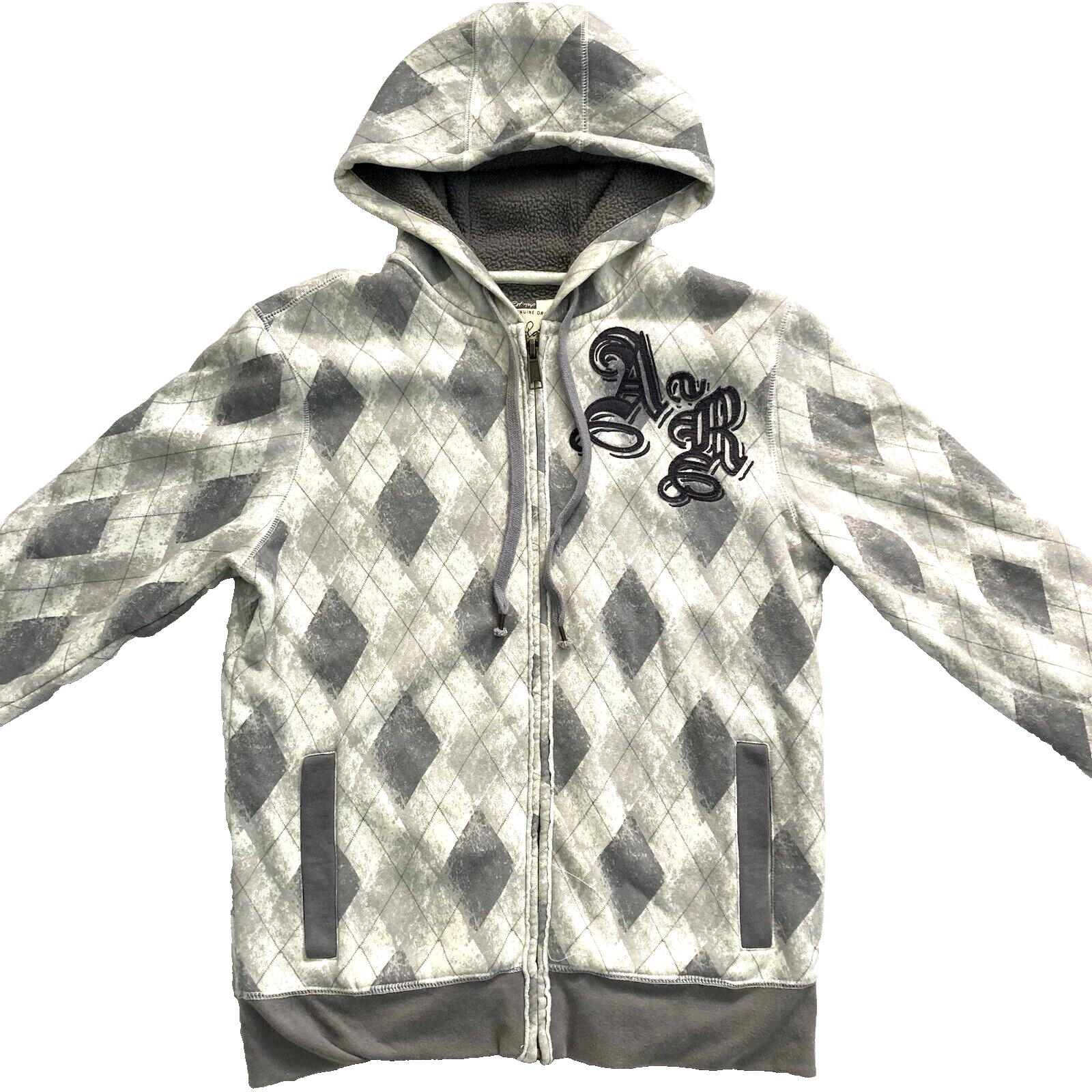 Vintage American Rag Grey Argyle Fleece Lined Hoodie Size M