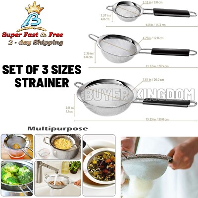 Mesh Fine Strainer Stainless Flour Sugar Baking Sifter Pasta Drainer Handle 3PCS