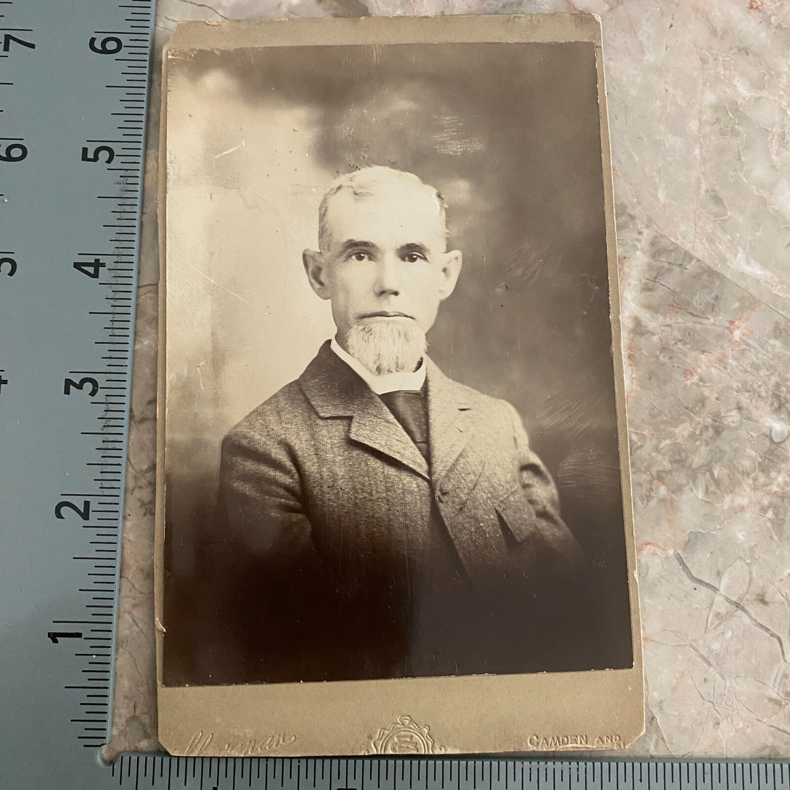 Antique Cabinet Card Photo Man Posing in Suit Sitting Large Tie Beard Early 1900