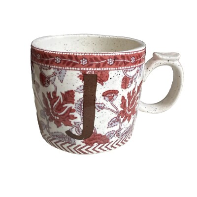 Anthropologie Initial J Mug Pink Floral Speckled Flowers Leaves Vine Roses