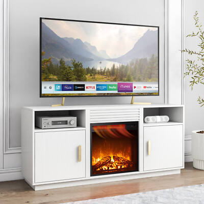 For 60 65 Inch Tv W/ Electric Fireplace Glass Shelves