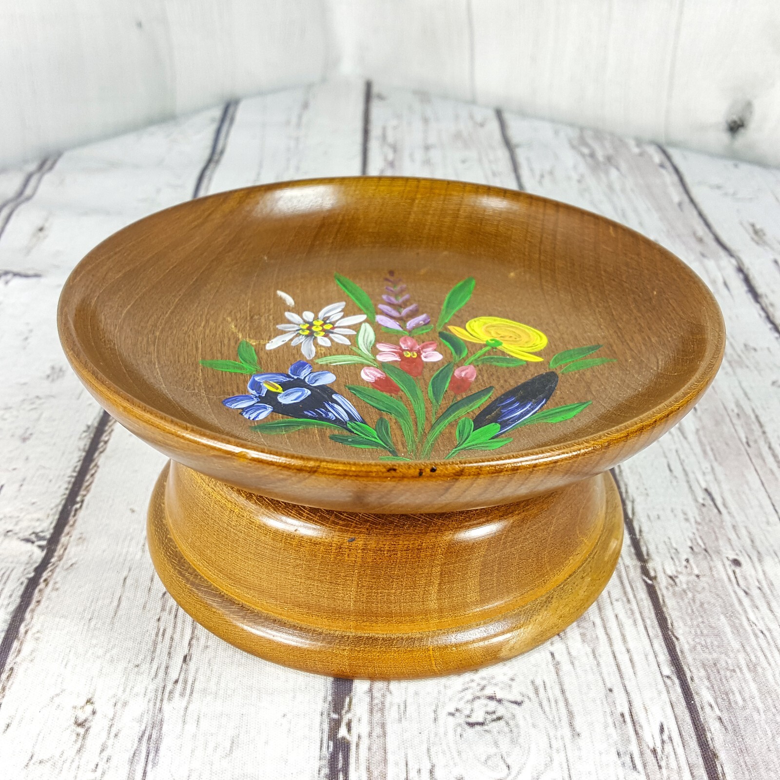 Vintage Cuendet Wood Hand Painted Musical Spins Pedestal Bowl Dish Lara's Theme