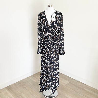 Acler Garber Floral Midi Dress Long Sleeve Cattleya Orchid Black Size AU 12 New