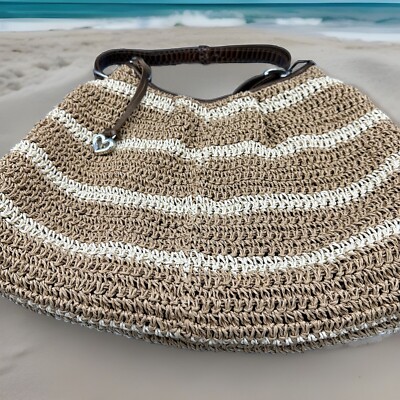 Brighton Two Toned Handwoven Large Straw Crossbody Bag