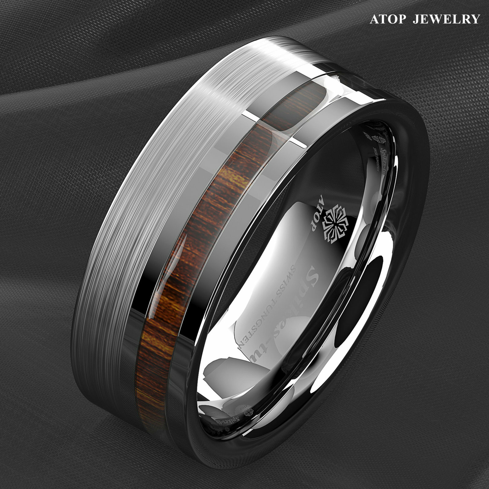 8mm Silver Brushed Tungsten Carbide Ring Off Center Koa Wood ATOP Wedding Band