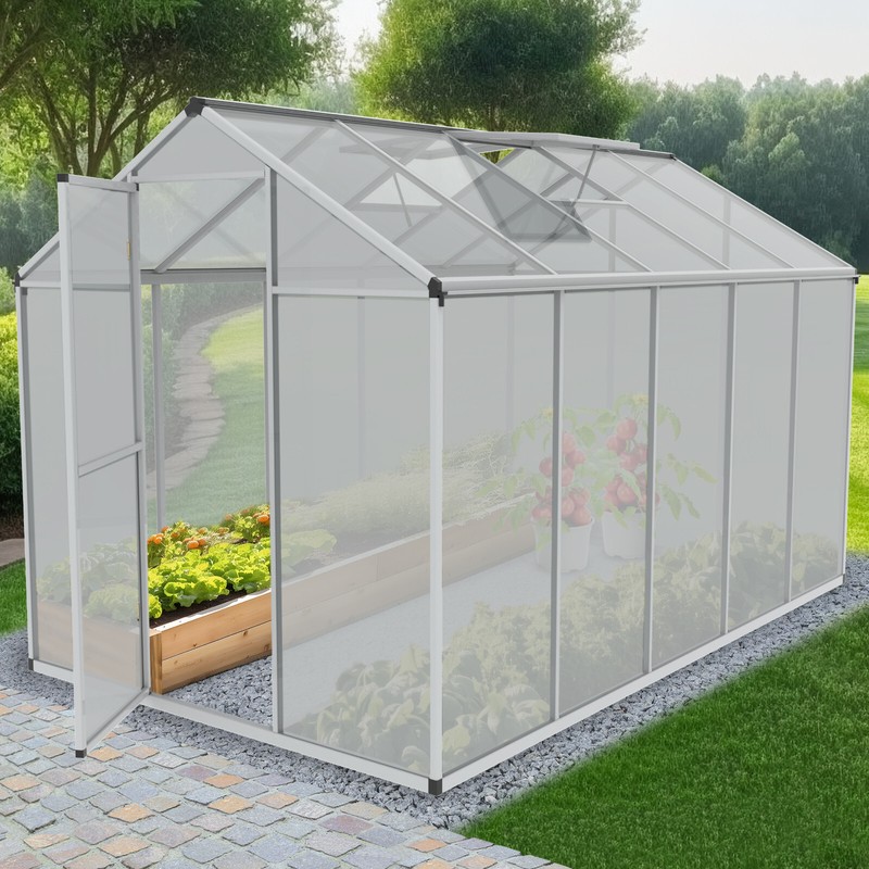 Gewächshaus Aluminium Glas ohne Fundament mit Regenrinnen 195cm 4mm Polycarbonat