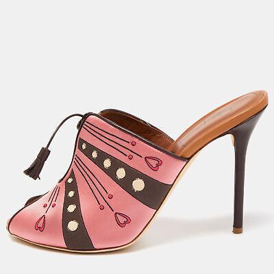 Malone Souliers x Natalia Vodianova Pink/Brown Satin Embroidered Open Toe Mules