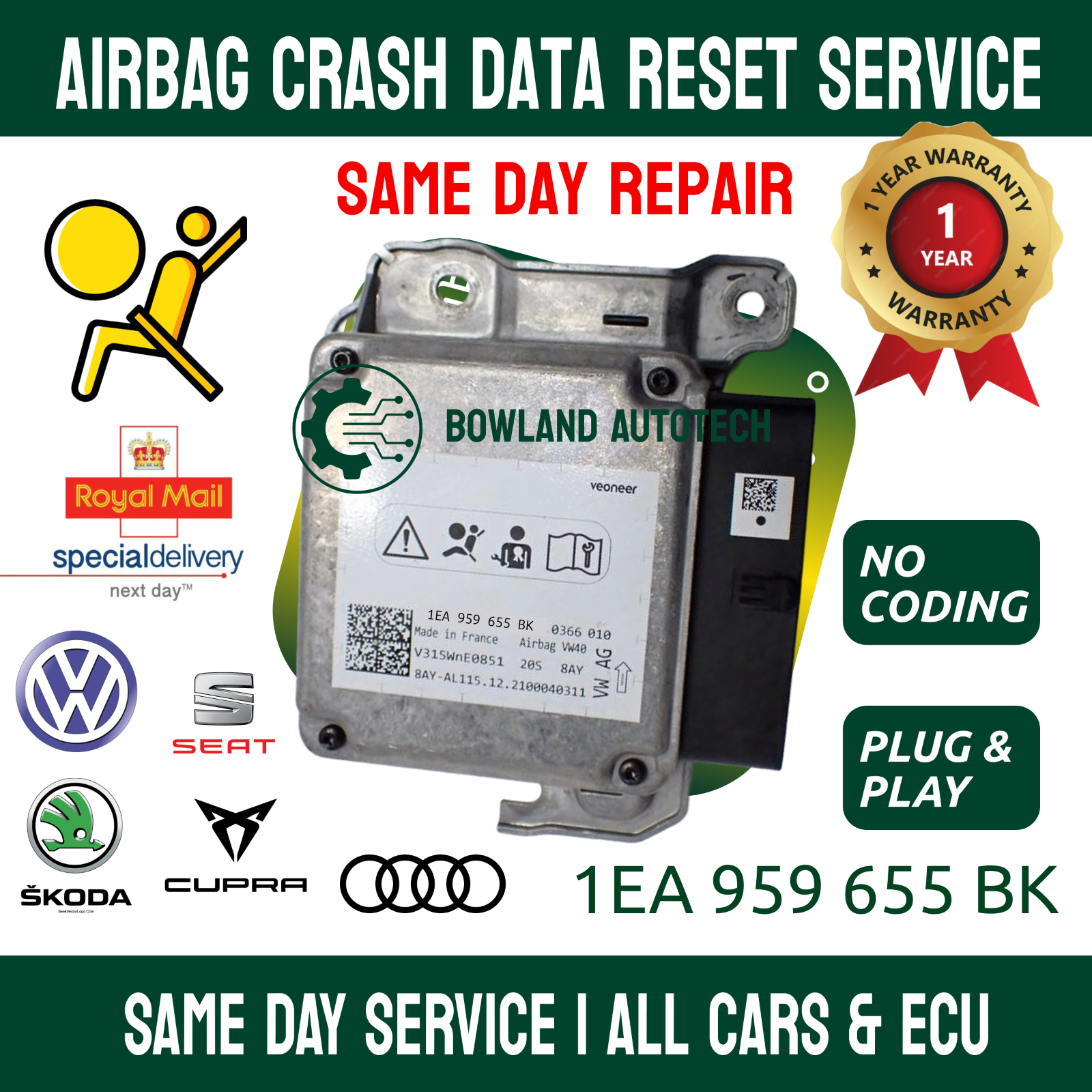 VW Volkswagen 1EA959655BK VW40 Airbag ECU Crash Data Reset Service