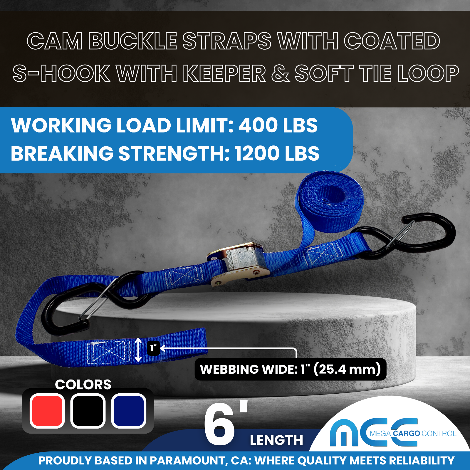 2 Pack 1" x 6' Cam Buckle Tie Down Strap w/ S Hook For Boat Motorcycle Bike