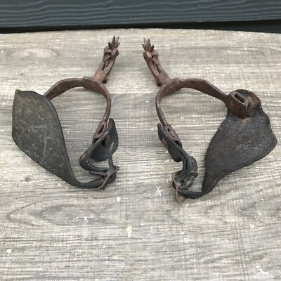 Antique Set of Western Cowboy Boots Spurs 10 Point Black Tooled Leather Straps