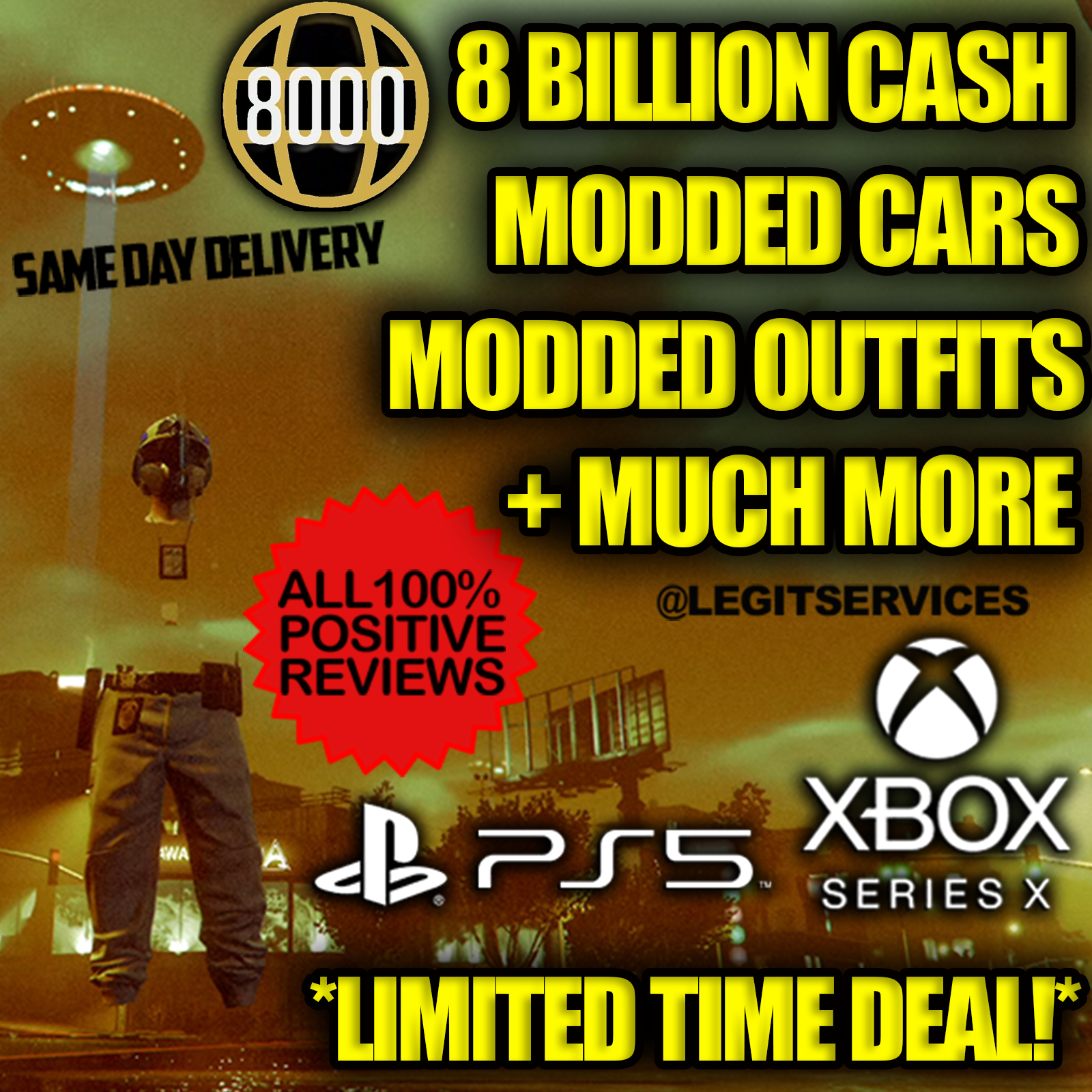 GTA 5, 8 Billion Cash! Mod Outfits! 8000 Rank! LIMITED TIME DEAL!  (PS5/XBOX)