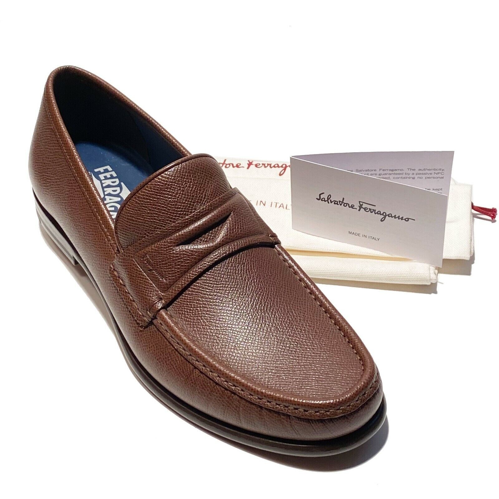 NIB Salvat.Ferragamo CONNOR Pebbled Leather Brown Moc-Toe