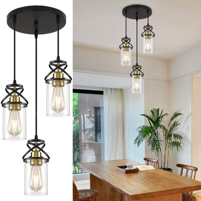 Farmhouse Pendant Light with Clear Glass Shade, Industrial Black and Gold Pen...
