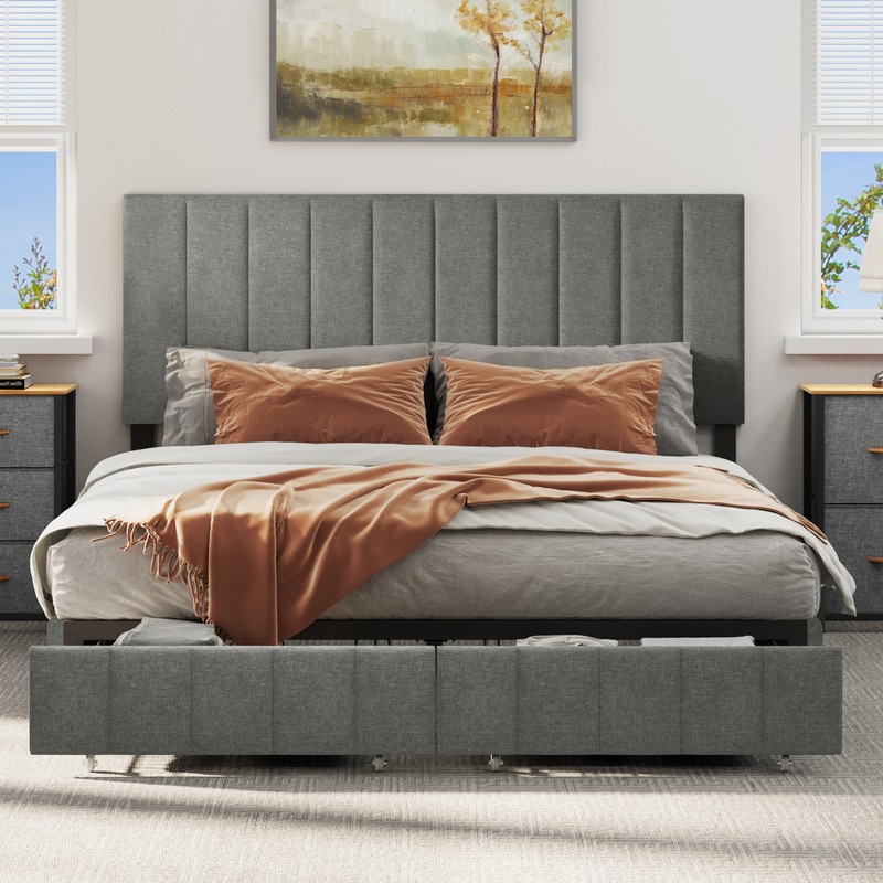 Upholstered Platform W/storage Drawer+adjustable Headboard