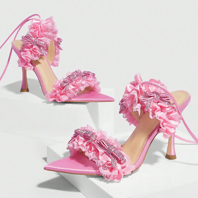 Womens 8.5cm High Heels Pointed Toe Rhinestone Bow Decor Lace Up Sexy Sandals