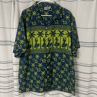 Men s Hawaiian Camp Shirt Dry Fit Blue Green OP Ocean Pacific Short Sleeve Large