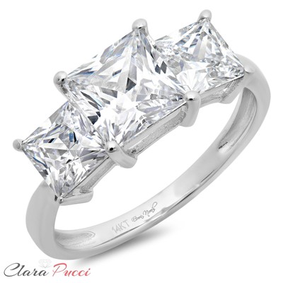 Pre-owned Pucci 3ct Princess Cut 3 Stone Moissanite Classic Bridal Statement Ring 14k White Gold In White/colorless