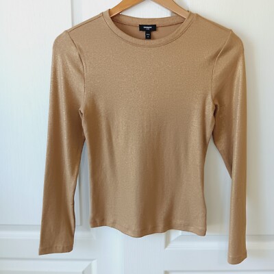 Express Women's Gold Shimmer Fitted Long Sleeve Tee Size M