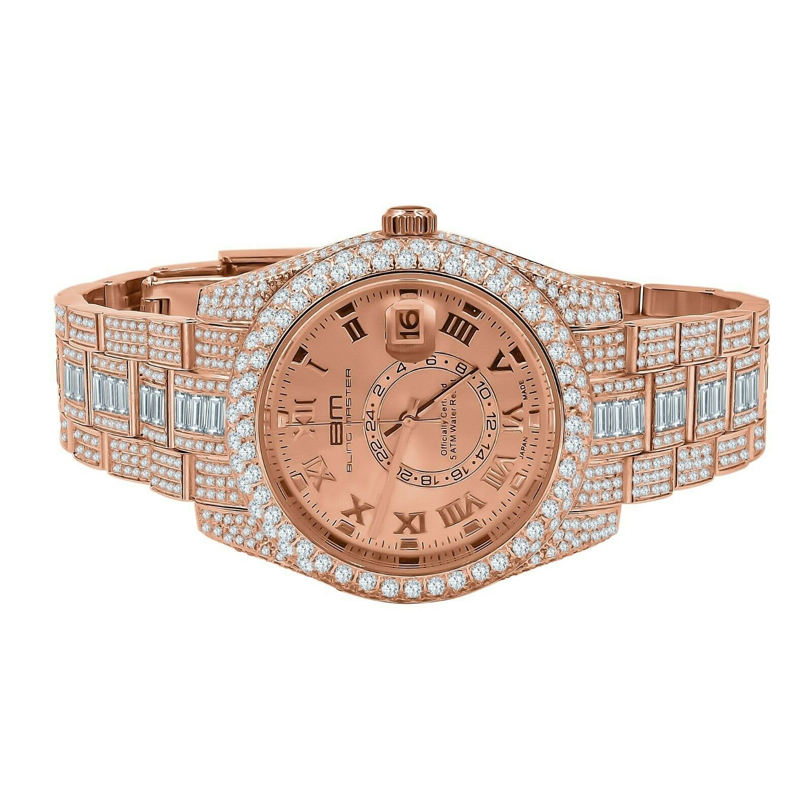 Pre-owned Bling Master - Knight Men's Rose Gold Tone Finish Stainless Steel Simulated Diamond Watch 42mm W/date