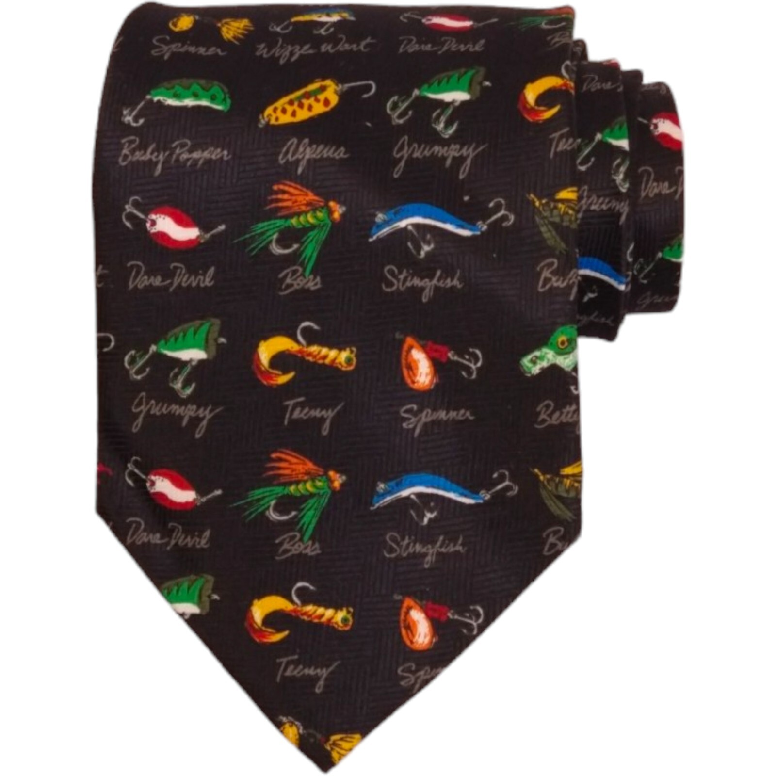 VTG ADDICTION Mens Fishing Lures Novelty Tie 3.75 Woven Black Classic Necktie