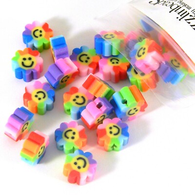 50 Rainbow Colored Polymer Clay Yellow Smiley Face 10mm x 4mm Flat Flower Beads
