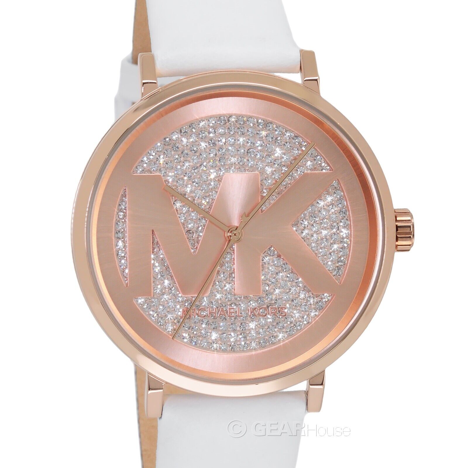 Женские часы Michael Kors Addyson Glitz, циферблат с логотипом из розового золота, белая кожа