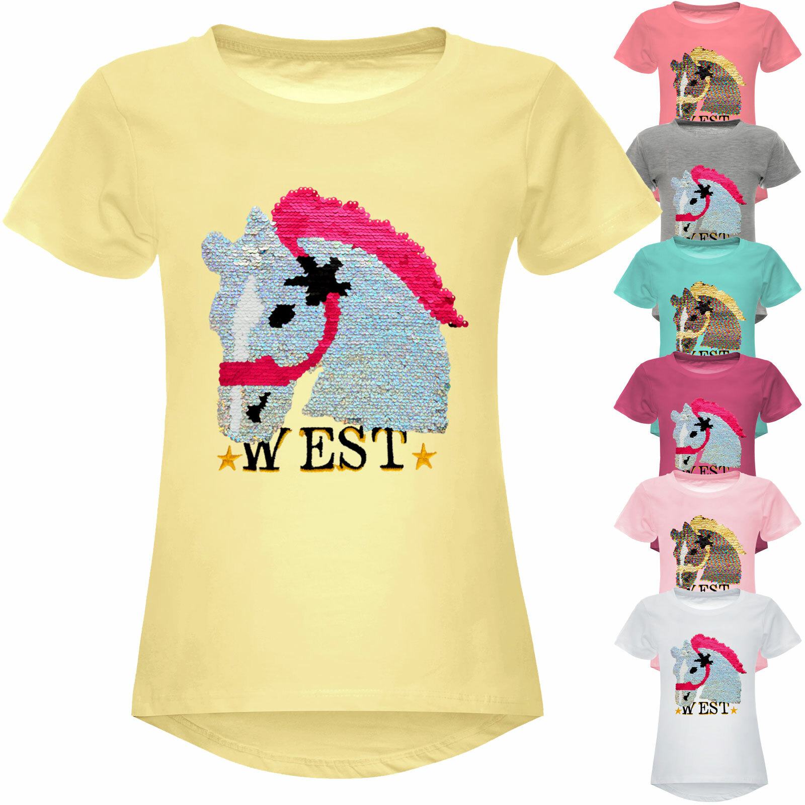 Mädchen Wende Pailletten T-Shirt mit Pferd als Motiv Bluse Shirts 22604