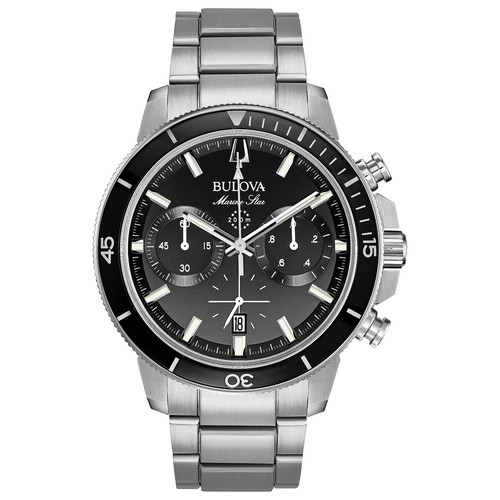 Pre-owned Bulova Marine Star Stainless Steel Black Dial 6-hand Chrono Men's Watch (96b272) In Stainless/black Dial