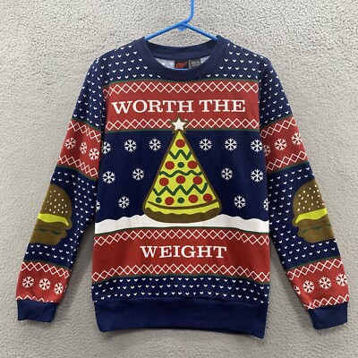 Mad Engine Ugly Chritmas Sweatshirt Blue Red Worth the Weight Pizza Logo Size M