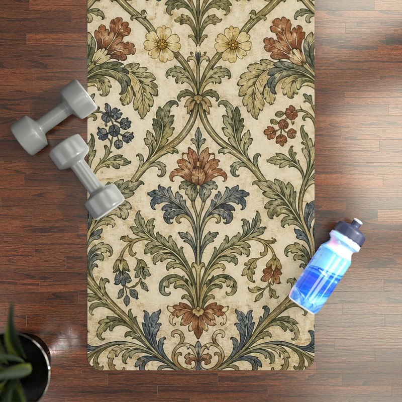 Vintage Floral Rubber Yoga Mat 72x24 In Microfiber Suede Strap
