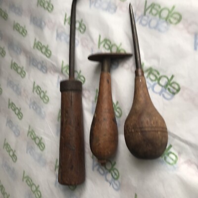 NICE GROUP OF 3 ANTIQUE WOOD HANDLED HAND TOOLS! FOR LEATHER WORK?