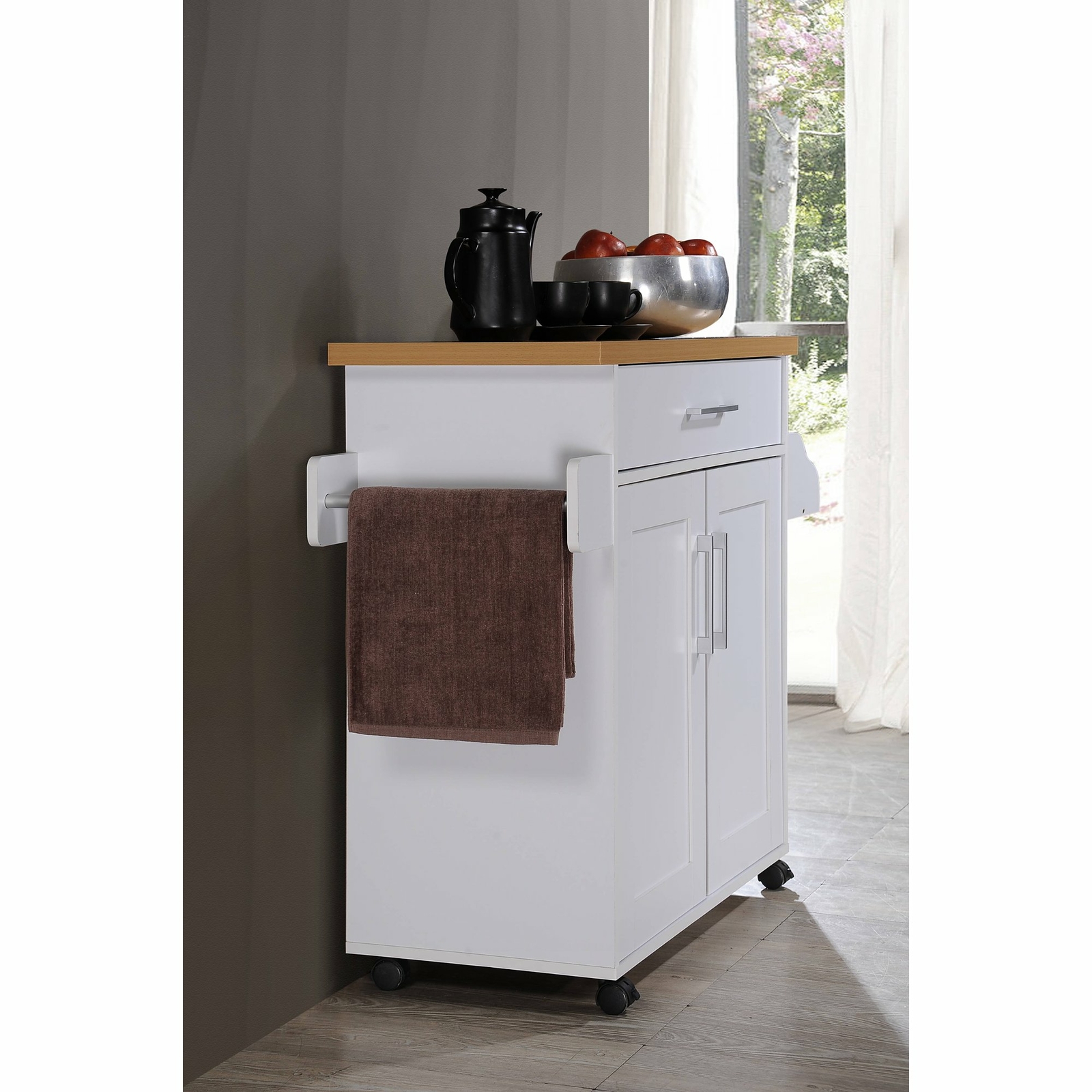 Kitchen Cart w/ Spice Towel Rack & Drawer,Trolley Utility Kitchen Bar Wine White