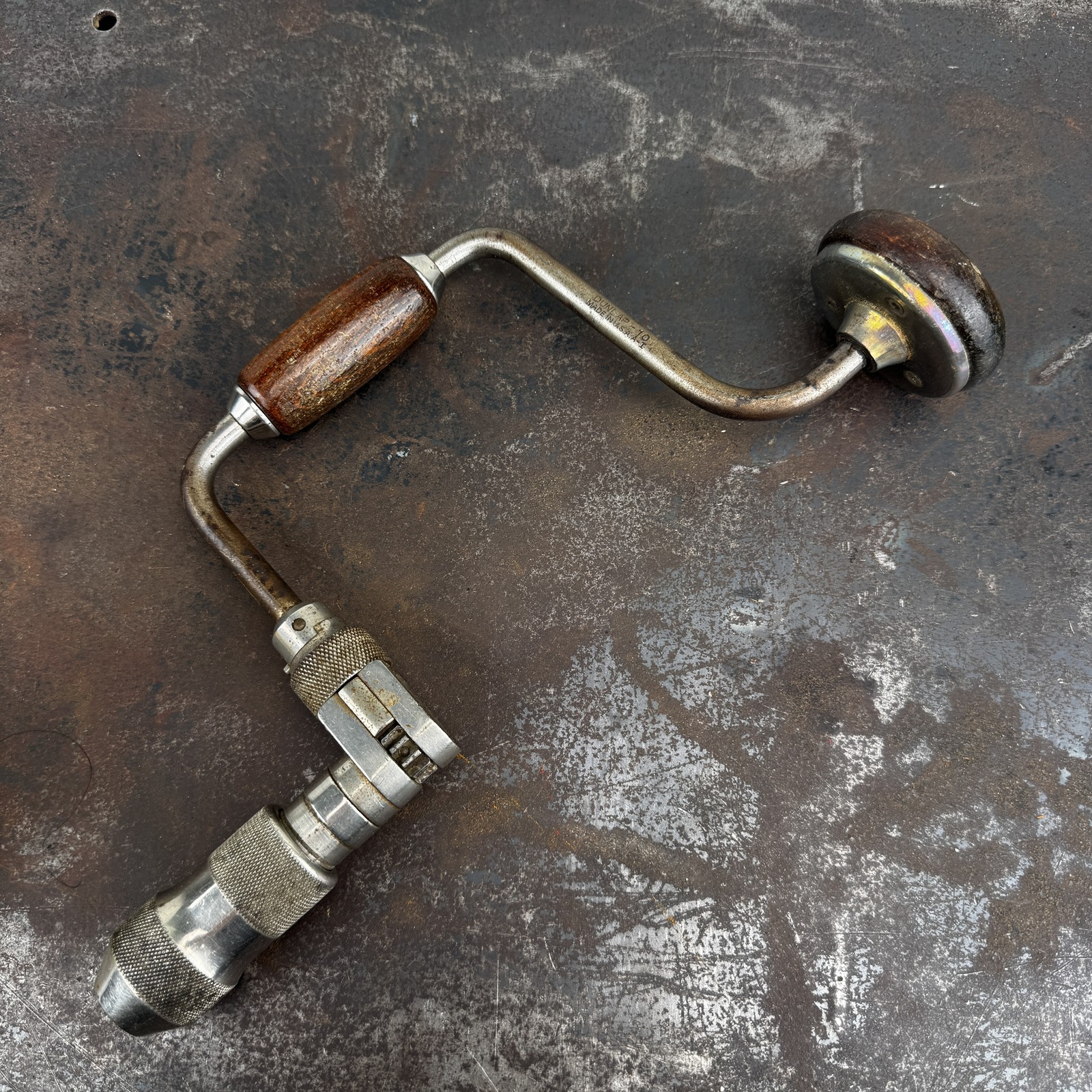 Vtg DUNLAP No. 10 Ratcheting Bit Brace Drill w/ Wood Handle - 14