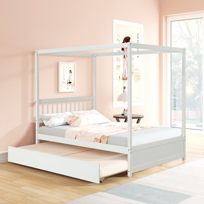 Bed With Twin Trundle, Solid Wood Frame W/ Headboard