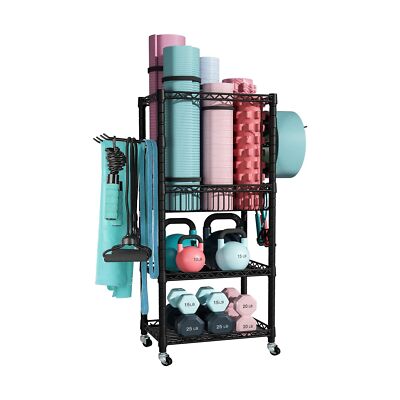 Home Gym Storage, Yoga Mat Storage and Organizer Rack, Portable and Movable W...